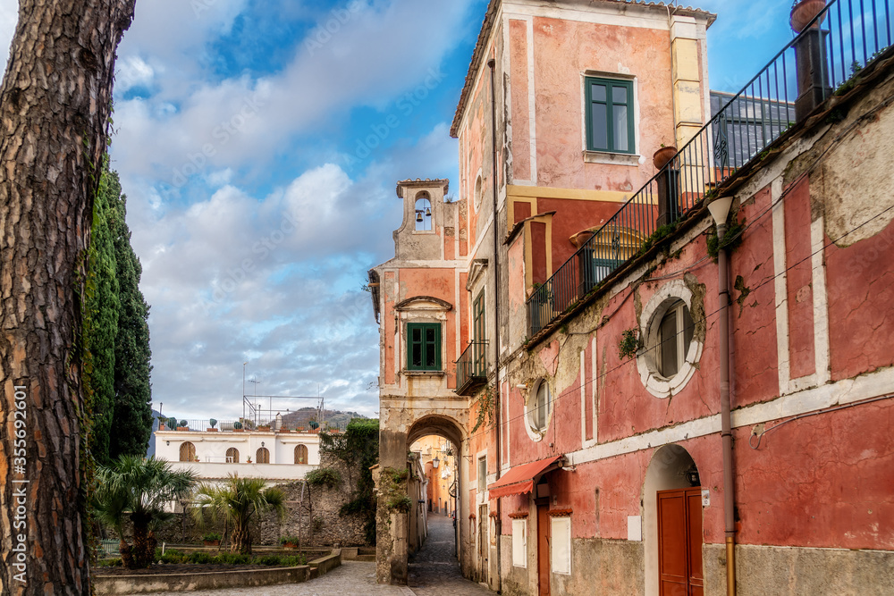 Ancient Red building in the historic center of Ravello, Amalfi Coast, Campania, Naples, Italy