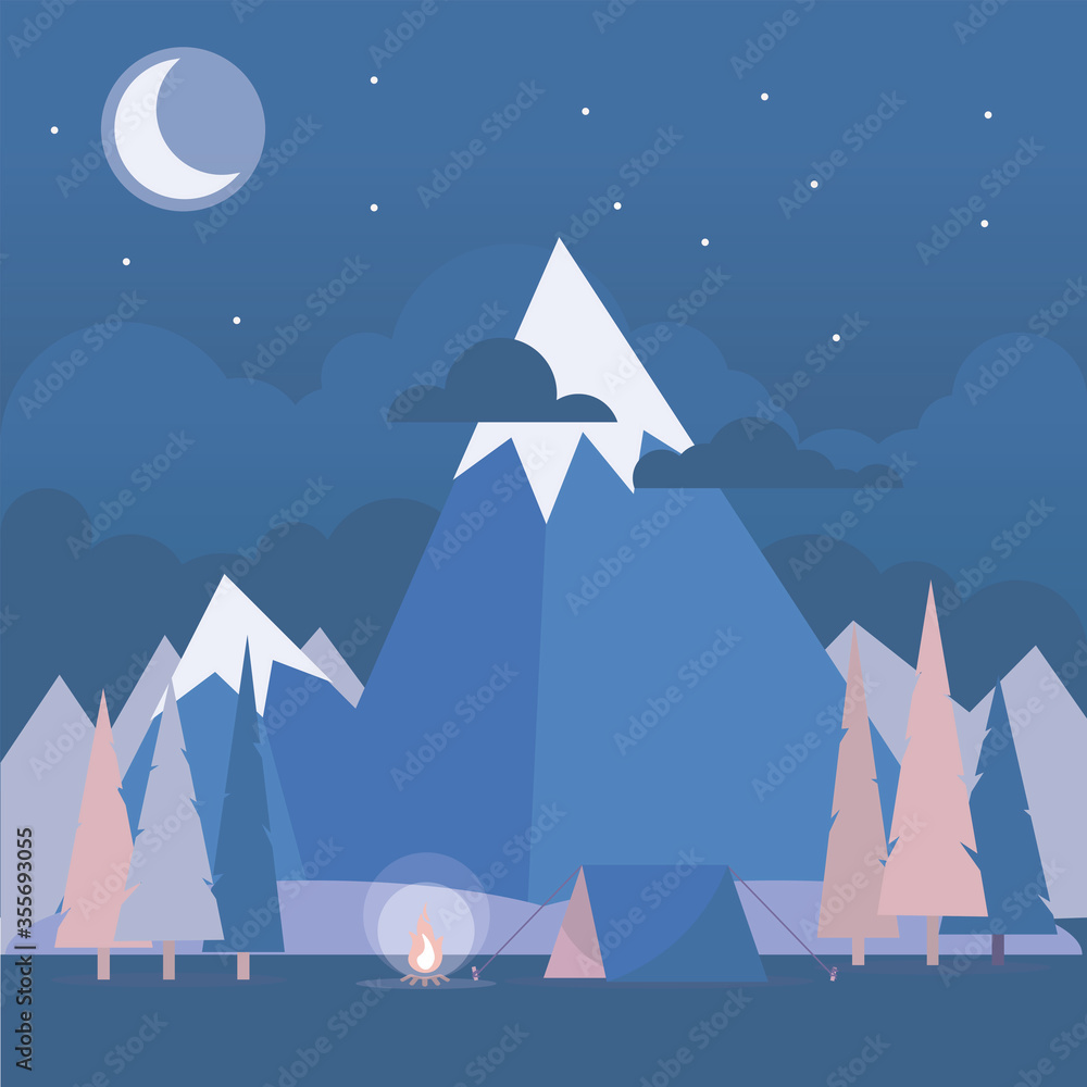 Fototapeta premium Illustration in flat style with tent, campfire, mountains and forest. Background for summer camp, nature tourism, camping or hiking design concept.