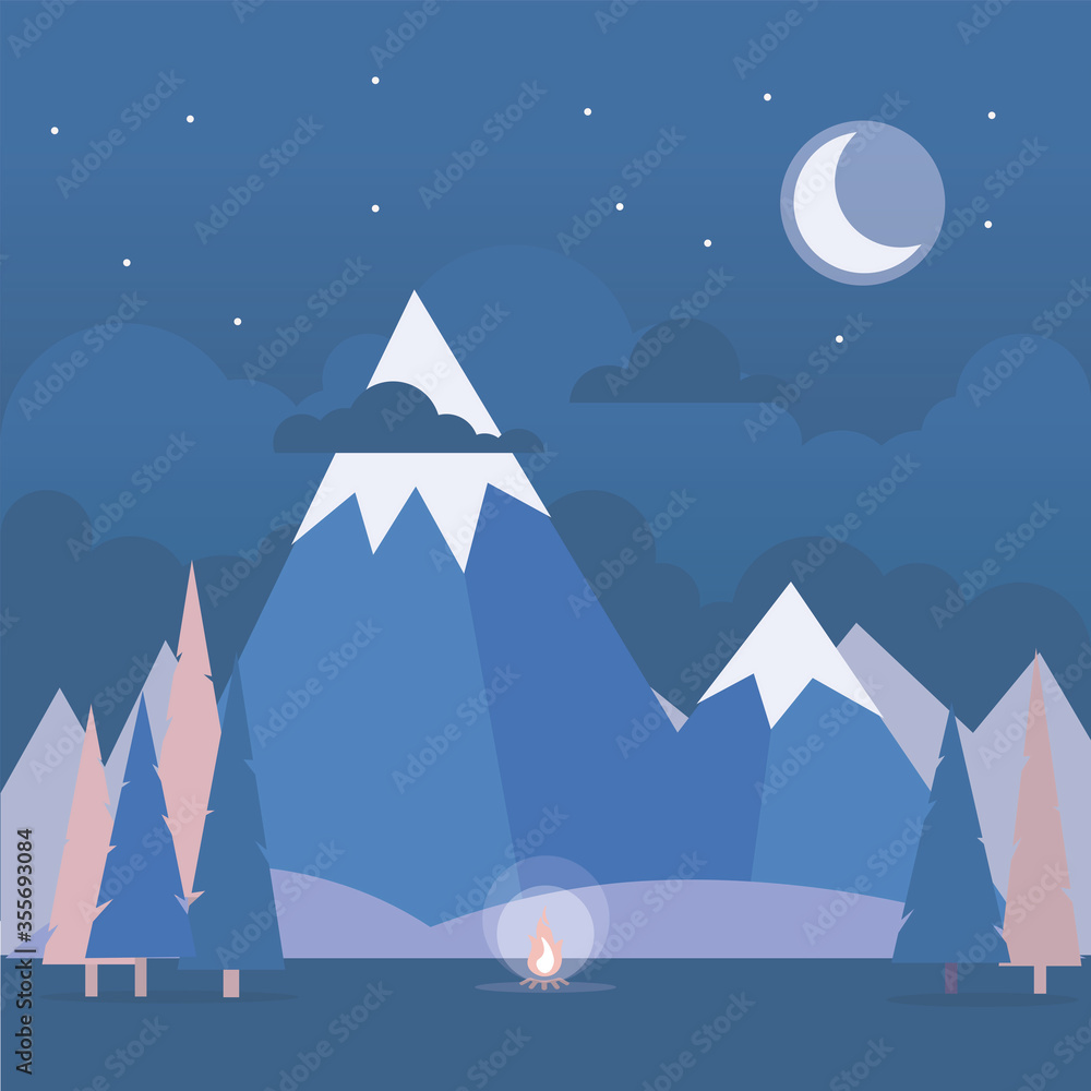 Fototapeta premium Illustration in flat style with tent, campfire, mountains and forest. Background for summer camp, nature tourism, camping or hiking design concept.
