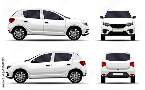 realistic car. hatchback. front view, side view, back view.