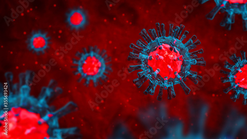 China pathogen respiratory coronavirus 2019-ncov. Microscopic view of floating influenza virus cells. Flu outbreak. 3D medical illustration.