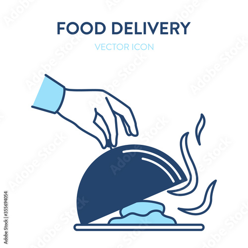 Metal tray icon. Vector concept illustration of waiter hand opening metal plate with steaming fragrance food inside. Represents a concept of serving food, eating in a restaurant, haute cuisine