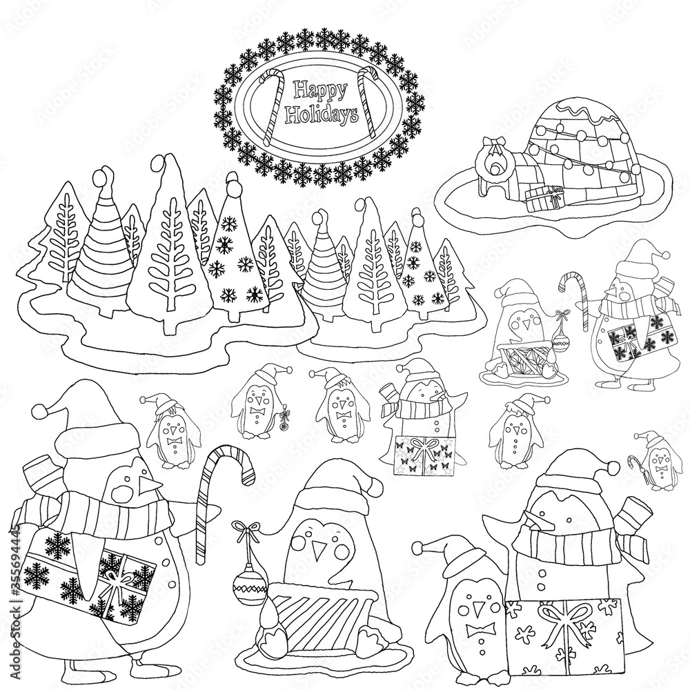 Penguins celebrate New Year, penguin family for Christmas, coloring book, wrapping paper, coloring page for New Year and Christmas