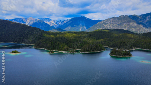Wonderful Eibsee in Bavaria at the German Alps from above - aerial view
