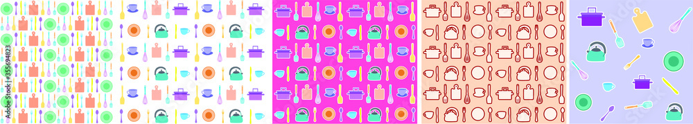 Fototapeta premium set of seamless patterns with kitchen tools