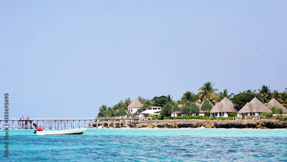 Ocean view of beautiful African-style houses in Zanzibar, Tanzania. A paradise.