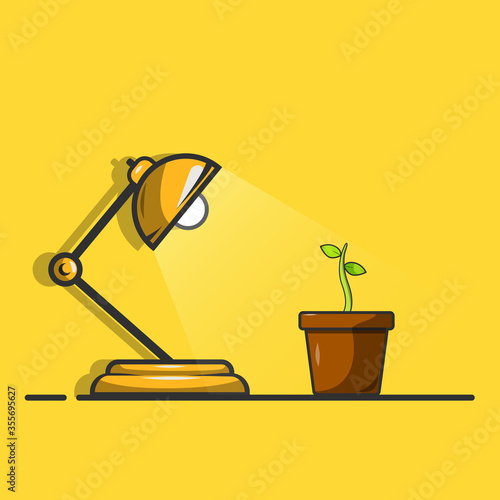 Vector illustration of table lamp that illuminates a plant in a pot. isolated on yellow background