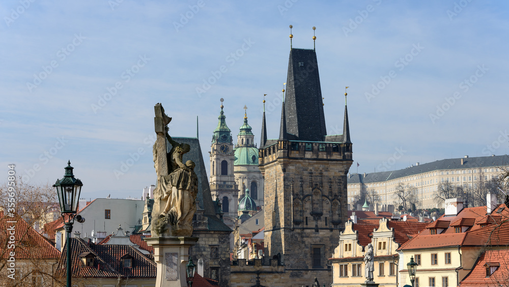 Obraz premium Panoramic view toward Lesser Town towers of Charles Bridge, Prague.