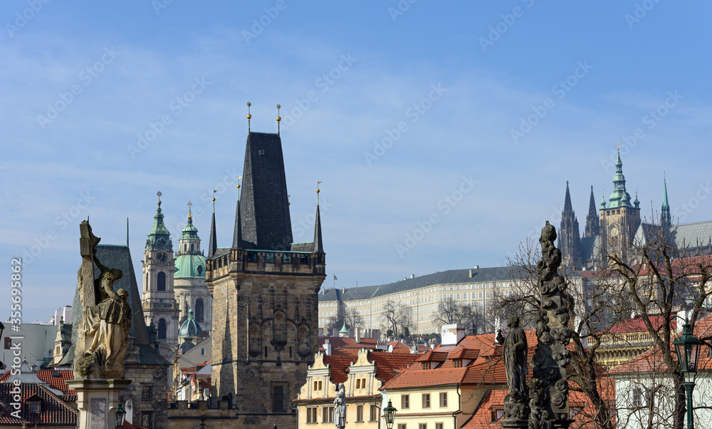 Panoramic view toward Lesser Town towers of Charles Bridge, Prague.