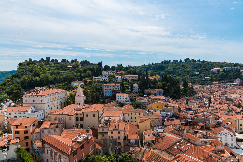 Aerial view of Piran during sunny day