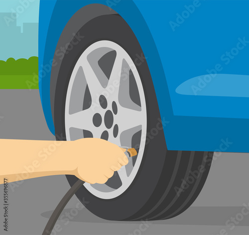 Close up view of man inflating car tyre with air pressure. Flat vector illustration.
