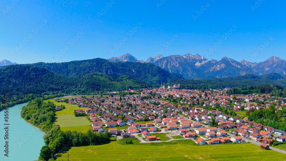Aerial view over the city of Fuessen in Bavaria, Germany - home of the famous Bavarian King Ludwig Castles