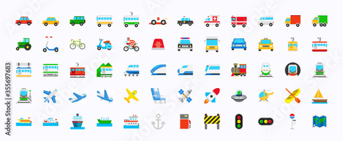 All Transport Vector Icons  Set. Transportation, Logistics, Delivery, Shipping, Railway, Airways, Ambulance, Emergency car symbols, emojis, emoticons, flat style vector illustration icons collection