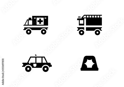 Emergency transport vector icons set. Isolated Ambulance, Fire Engine, Police Car, Siren Light flat colored symbols collection
