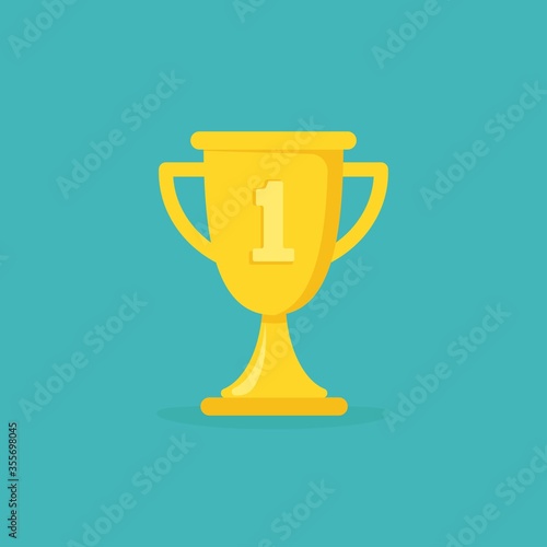 Gold trophy, winning cup isolated on blue background. First place, award bowl.