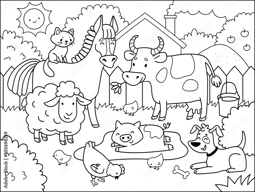 Farm animals. Coloring book for children. Cartoon vector illustration.  Stock Vector | Adobe Stock