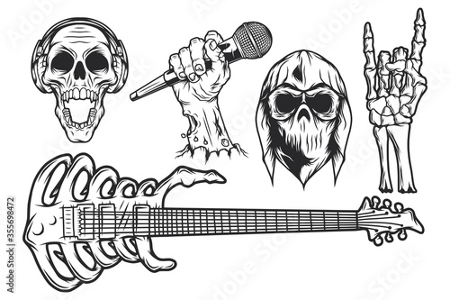 Isolated illustrations set. Skull in bandana and hoodie, skull with headphones, zombie hand with microphone, skeleton hand