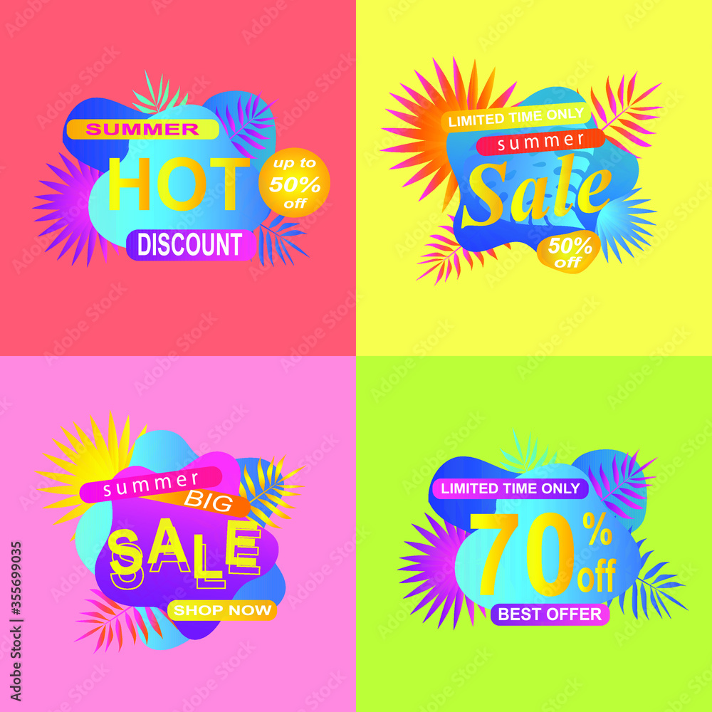 Summer sale set banner, poster with discount for hot season banner with tropical leaves. Invitation for shopping with 50 percent price off, special offer card,template for design.