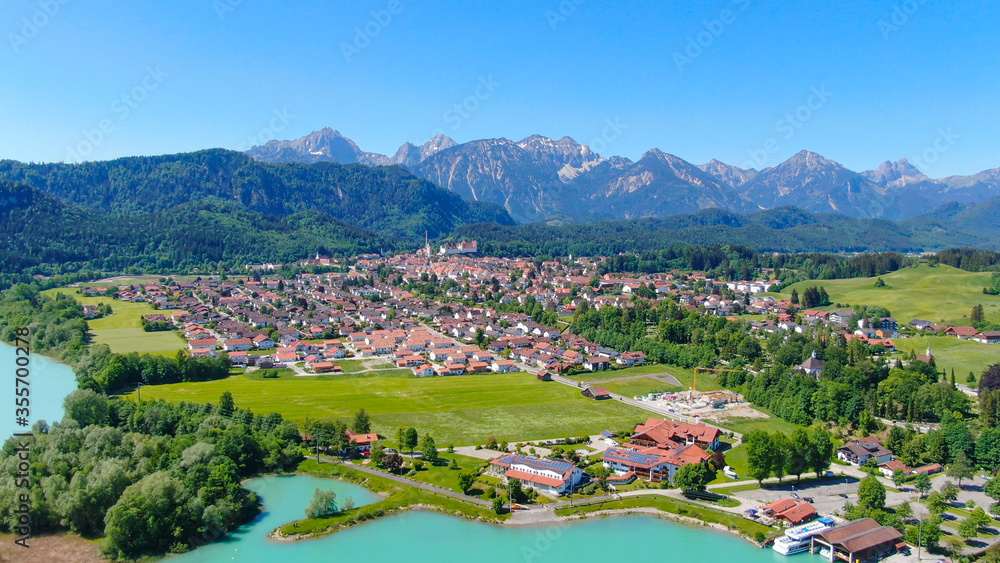 Aerial view over the city of Fuessen in Bavaria, Germany - home of the famous Bavarian King Ludwig Castles