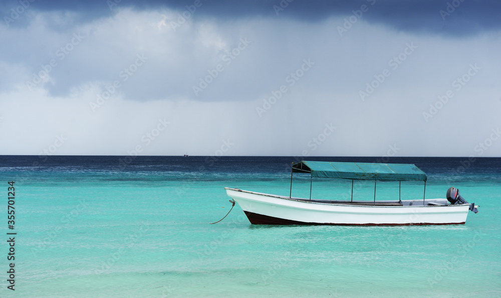 A fishing boat in the Indian Ocean against the backdrop of an approaching storm.ZANZIBAR - TANZANIA