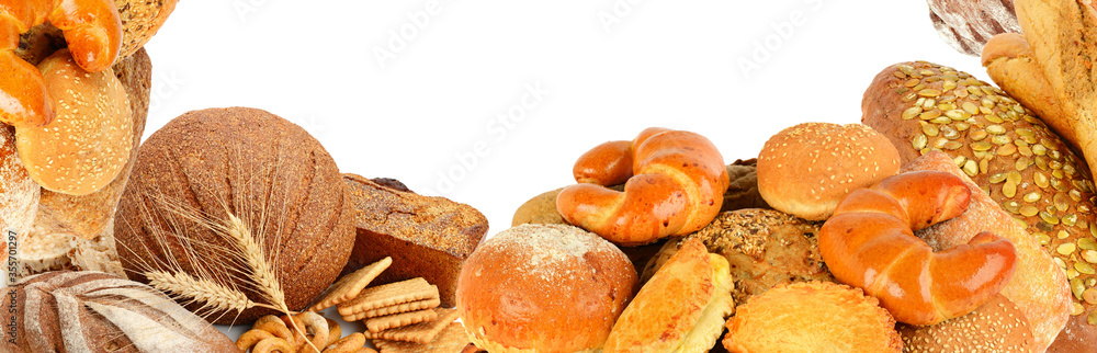 Bread and bakery products isolated on white. Collage. Bread and bakery products isolated on white. Collage.