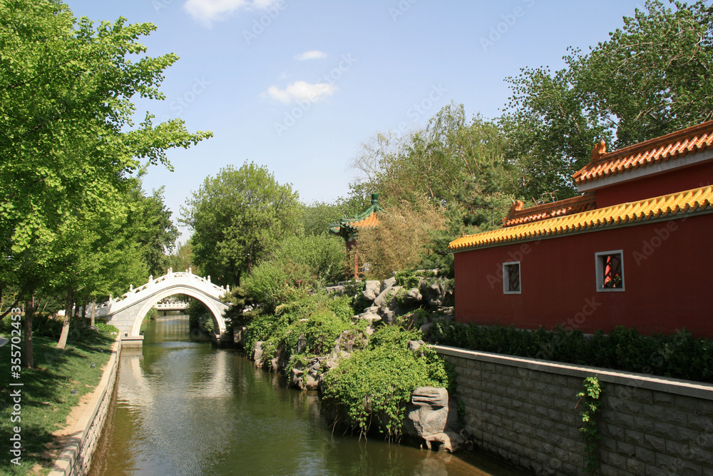 Fototapeta premium canal, bridge and building in beijing (china)