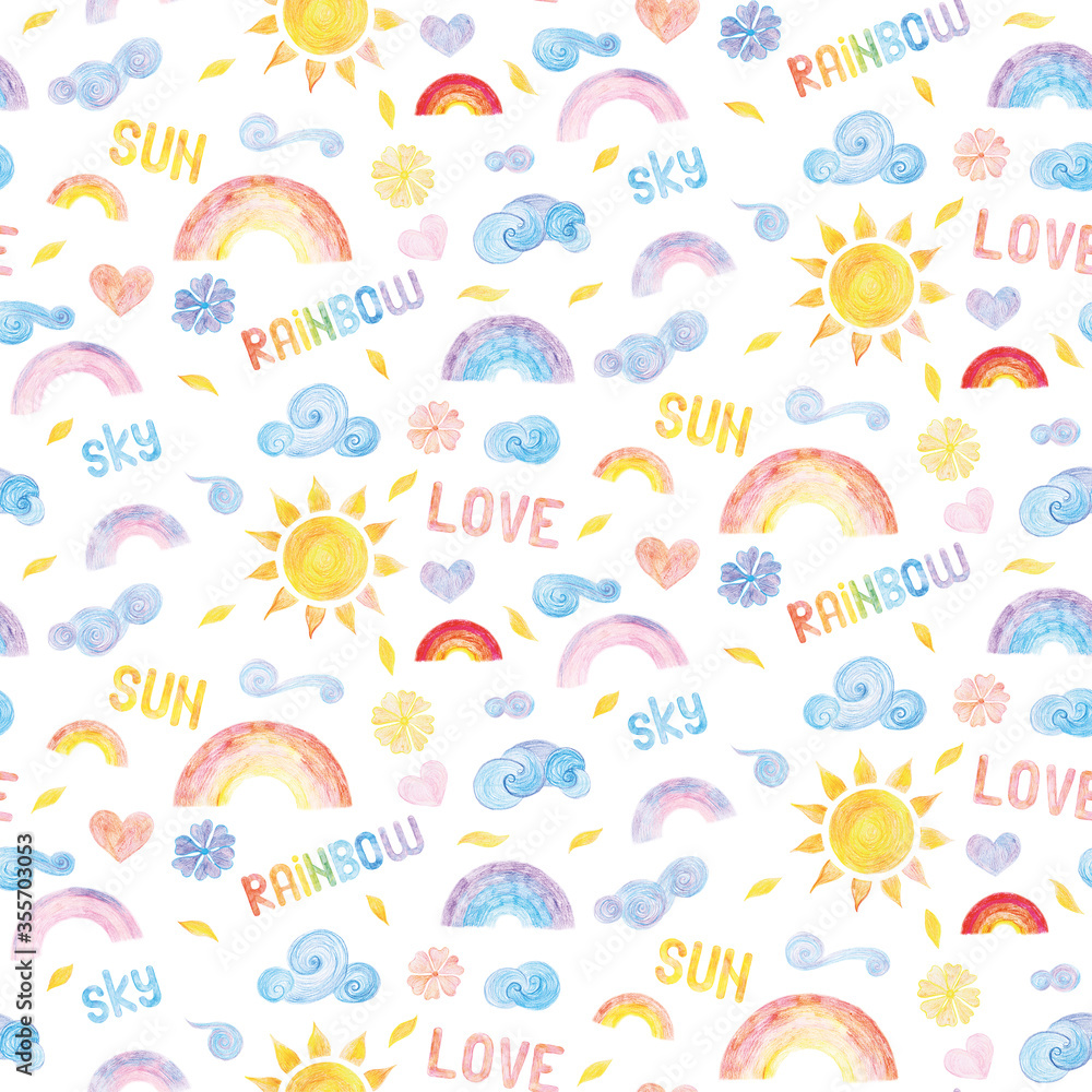 Sun, sky, rainbow. Crayon drawing pattern. Child drawing Sun, sky, rainbow. Crayon drawing pattern. Child drawing