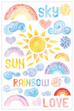 Sun, sky, rainbow. Crayon drawing set. Child drawing