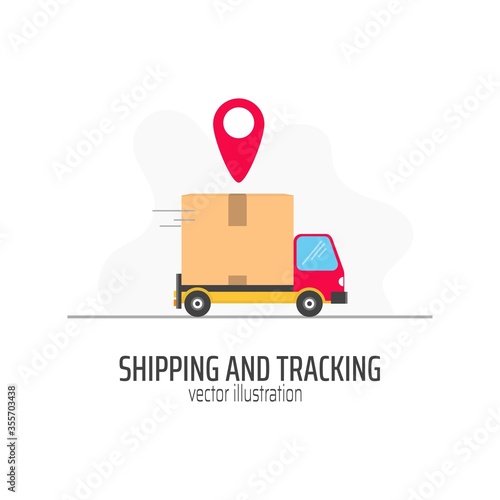 Order shipping and tracking in truck with text vector illustration. Transportation to location flat style. Modern delivery service concept. Isolated on white background
