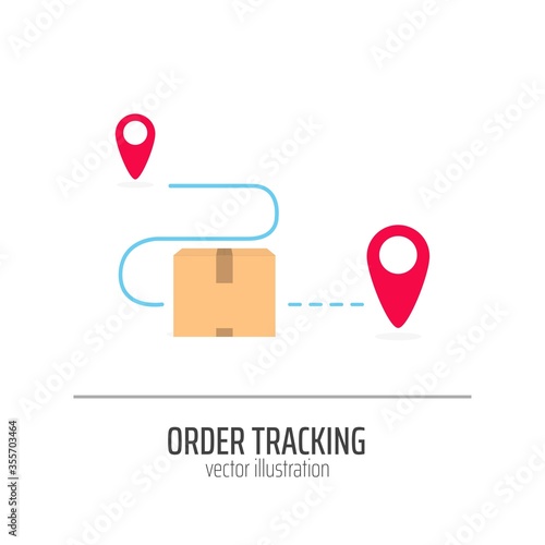 Order tracking with box and red location sign vector illustration. Carton box with things flat style. Shipping and distribution concept. Isolated on white background