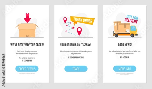 Order status banners set with inscriptions vector illustration. Track order and out for delivery flat style. Delivery service concept. Isolated on white background