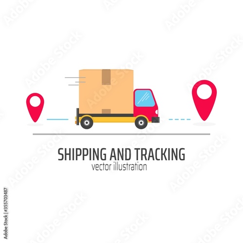 Shipping and tracking package in red truck vector illustration. Transportation of delivery flat style. Truck with location symbol. Distribution concept. Isolated on white background