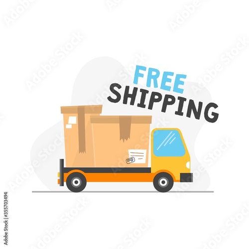 Free shipping icon with truck and inscription vector illustration. Bright pic with text flat style. Delivery service and package transportation concept. Isolated on white background