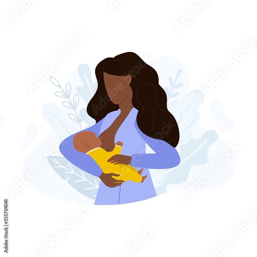 Afro american woman breastfeeding baby in arms vector illustration. Take care of newborn child flat style. Happiness and love concept. Isolated on white background