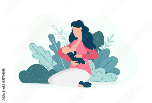 Breastfeeding woman with baby sitting in garden vector illustration. Natural process of parenting flat style. Childhood and care concept. Isolated on white background