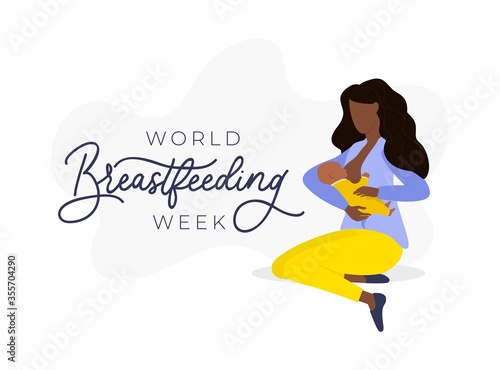 World breastfeeding week with afro american woman vector illustration. Female holding newborn flat style. Parenthood and international holiday concept. Isolated on white background
