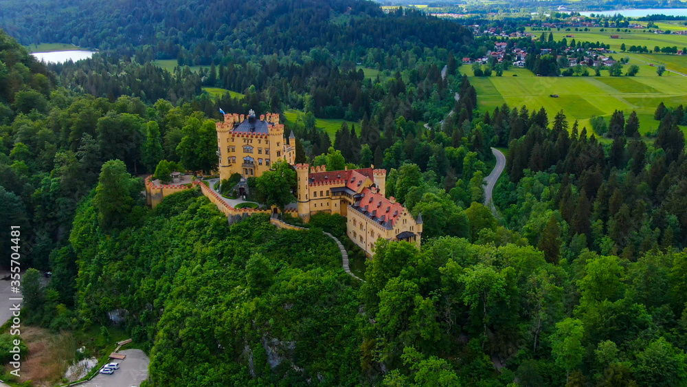 Famous Hohenschwangau Castle in Bavaria Germany, the High Castle - aerial photography