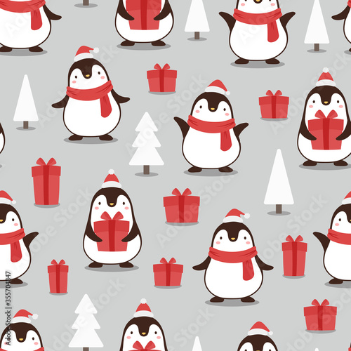 Penguin seamless pattern background, cartoon christmas theme, animal vector illustration 