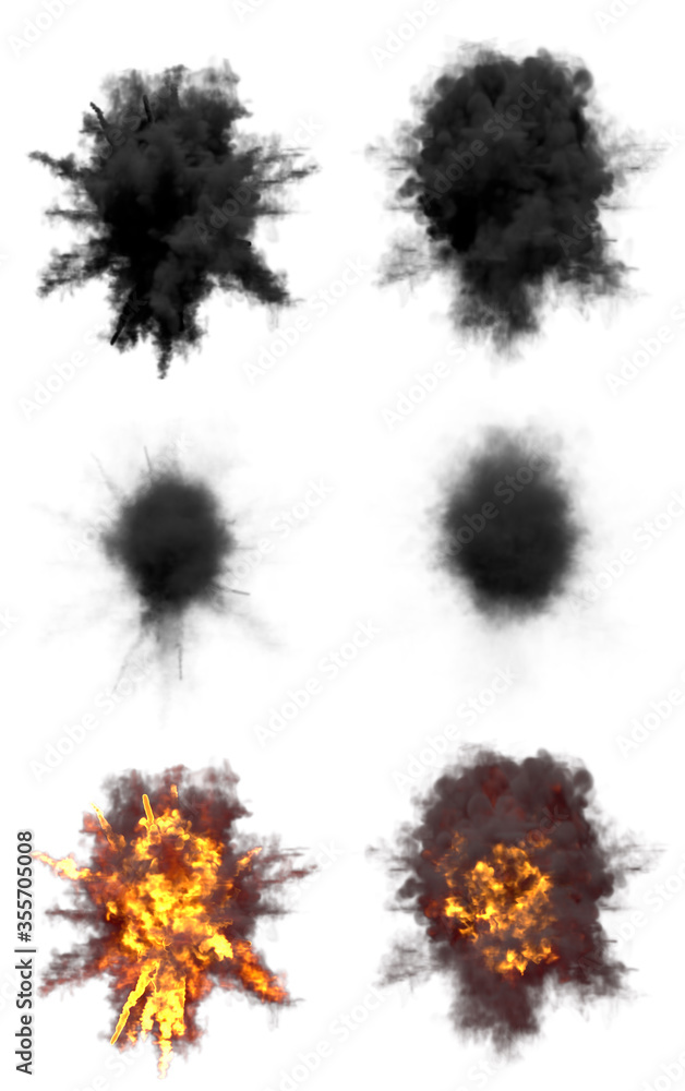 six round explosions of anti air gun shell hit or view from top on bangs or rocket interception blast isolated on white - 3D illustration of object six round explosions of anti air gun shell hit or view from top on bangs or rocket interception blast isolated on white - 3D illustration of object
