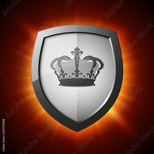 Protection shield with crown concept icon. Safety badge with corona. Privacy diadem banner. Security label. Defense tag. Presentation sticker shape. illustration