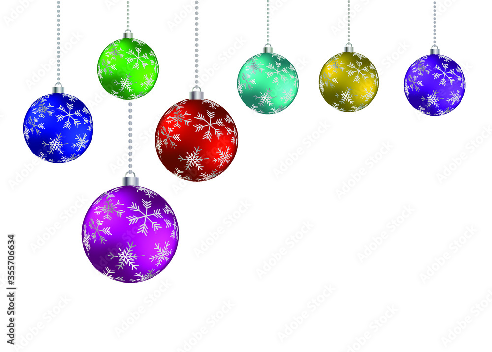 3D colorful Christmas glossy balls hanging. Isolated on white background, free space for text, vector illustration. Idea for celebration, season greetings and Christmas holidays. 3D colorful Christmas glossy balls hanging. Isolated on white background, free space for text, vector illustration. Idea for celebration, season greetings and Christmas holidays.