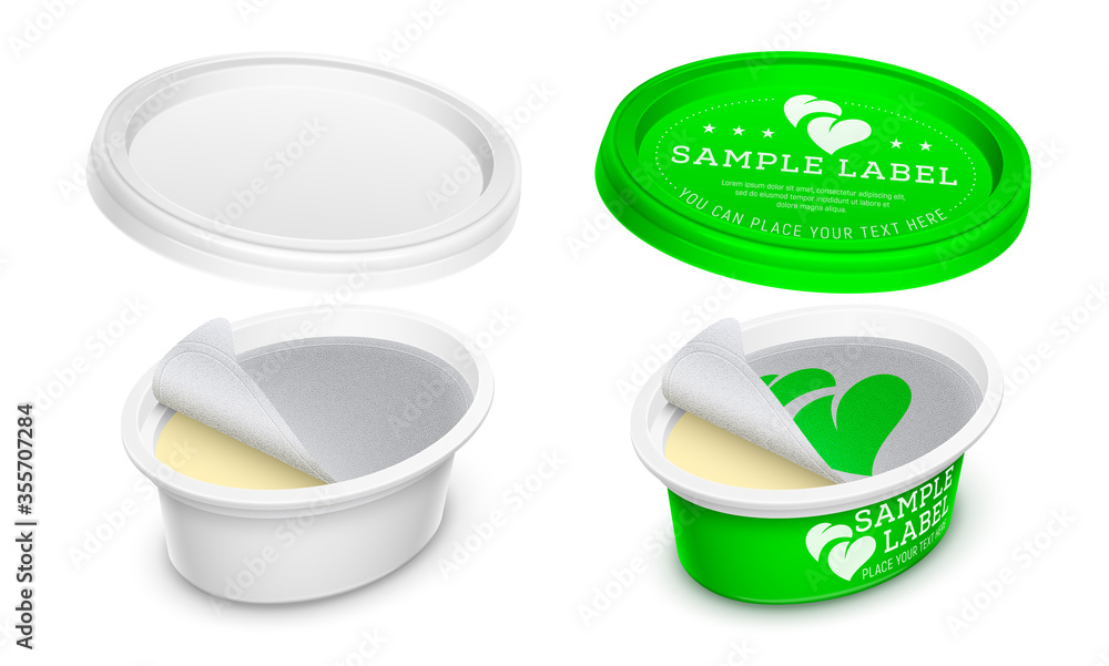 Vector labeled oval plastic container with opened lid and foil seal ...