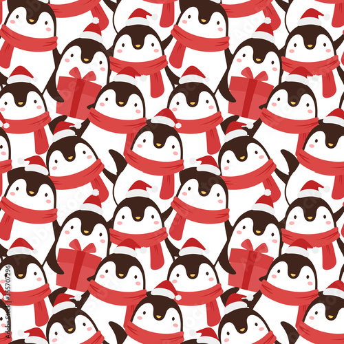 Penguin seamless pattern background, cartoon christmas theme, animal vector illustration 