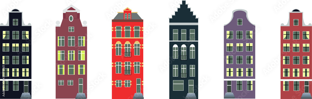 A set of 6 old historic Amsterdam houses.