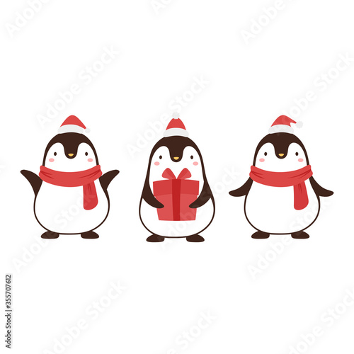Penguin cute icon with christmas theme, gift hat and scarf, Penguin logo vector illustration 
