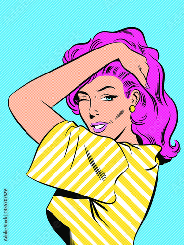 Pop Art Woman winking with hands in hair