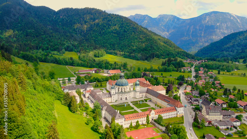 Ettal Abbey, called Kloster Ettal, a monastery in the village of Ettal, Bavaria, Germany - aerial photography photo