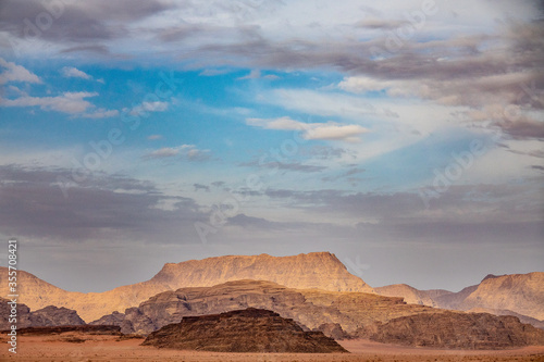 Red sand and rocks in the Wadi Rum desert in Jordan.