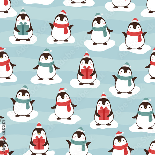 Penguin seamless pattern background, cartoon christmas theme, animal vector illustration 