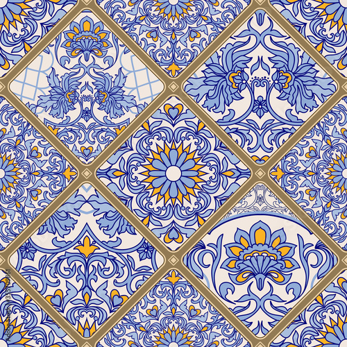 Seamless colorful patchwork. Azulejos tiles patchwork. Majolica pottery tile  blue  yellow azulejo. Original traditional Portuguese and Spain decor. Islam  Arabic  Indian  Ottoman motifs